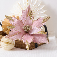 Poinsettia artificielle en velours à bordure dorée scintillante de 30 cm, nouvelle fleur étoile de Noël 2026 pour la décoration de l'arbre de Noël, de la table et de la maison