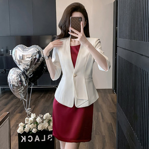 Women's Chiffon Two-Piece Suit <b>Set</b> Half Sleeve Solid Color Red Dress With <b>Blazer</b> 2025 Summer High-End Fashion - Product Image 1