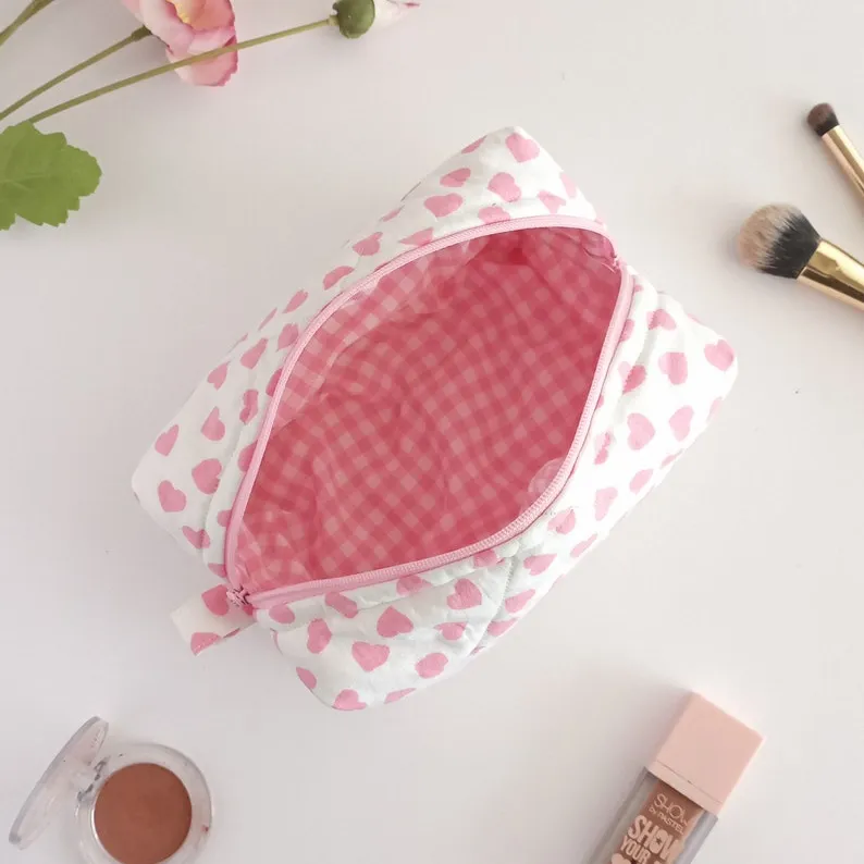 Индивидуальная хлопковая косметичка с подкладкой в виде розовых сердец для макияжа, туалетных принадлежностей, дорожная сумка для ухода за кожей с ручкой