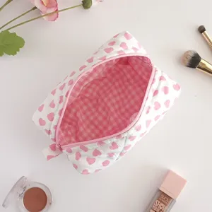 Custom Roze Harten Voering Katoen Cosmetische Make-Up Toilettas Reizen Huidverzorging Pouch Tas Met Handvat