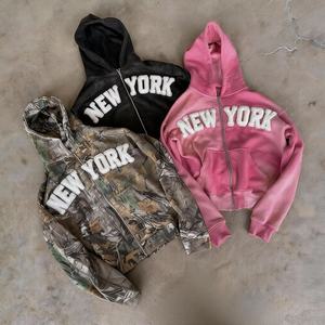 Sudadera con Capucha Personalizada para Hombre, Estilo Vintage, Tejido Grueso de 500 g/m², Cierre de Cremallera, Lavado Ácido, Bordado, Apliques, Estampado de Camuflaje - Product Image 1