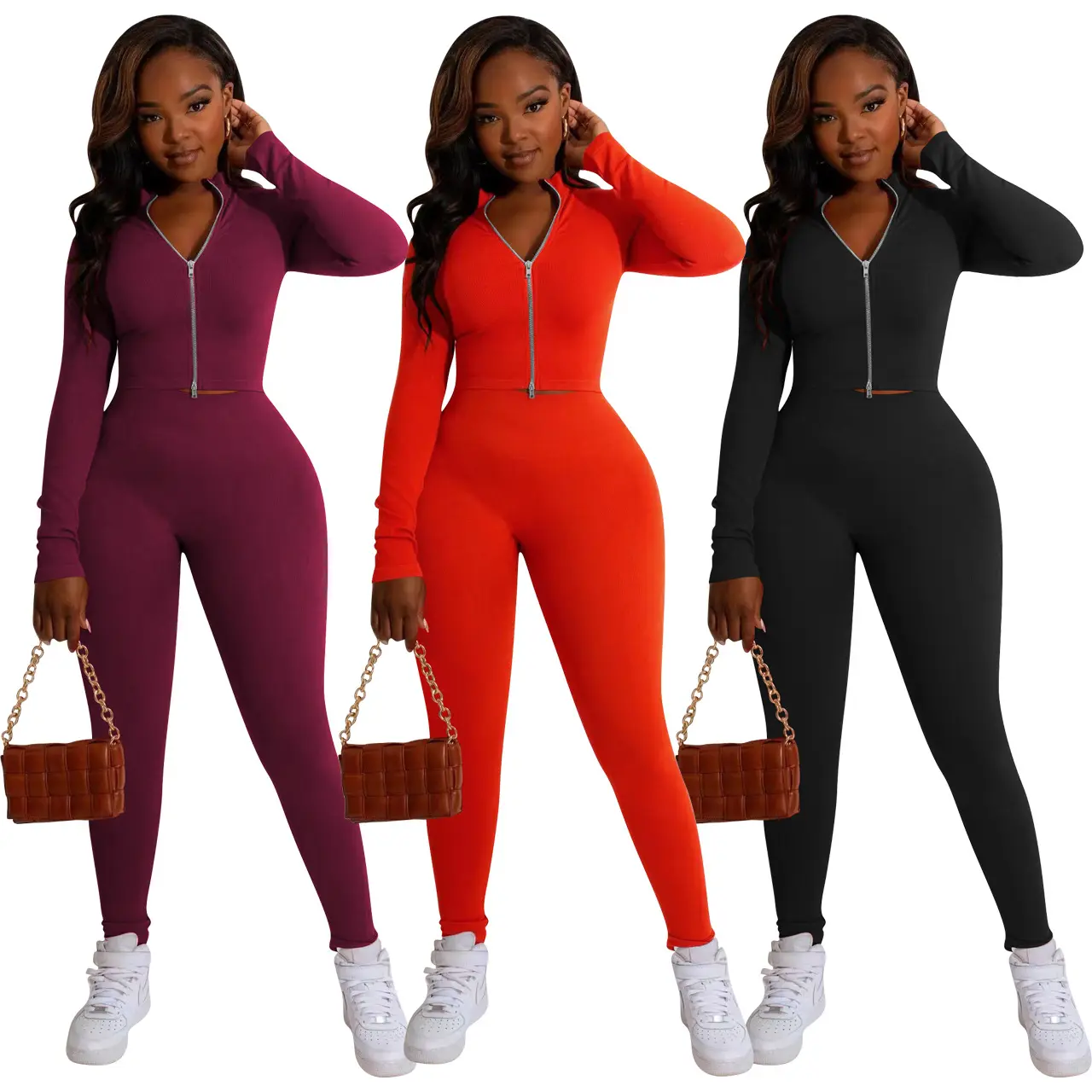 Womens Fall Clothing 2022 Custom Logo Tracksuit Outfits 2 Piece Sets Long Sleeve Zipper Crop Top Skinny Pants Matching Sets