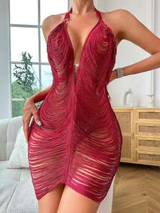 Robe à franges noire scintillante pour femme, tenue de fête d'anniversaire, tenue de bar, robe de danseuse sexy - Product Image 6