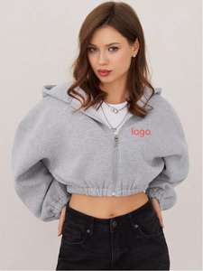 Sudadera con capucha de algodón ligera para mujer con logotipo personalizado, Sudadera corta con cremallera para gimnasio y Deportes - Product Image 2