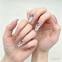 Ongles à presser en PMMA motif ours de dessin animé mignon, forme cercueil, avec strass bleus, réutilisables, faits à la main pour femmes et filles