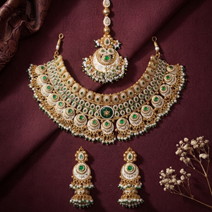 Traditional Imitation Antique Copper Plated Vintage Choker Necklace <b>Set</b> with Emerald Green Gemstones Tikka for Women Wedding - Product Image 1