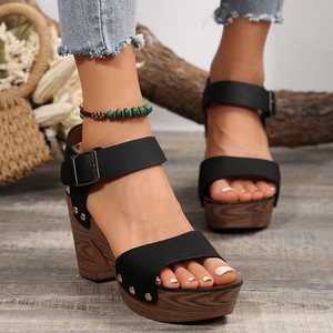 Sandalias de Moda para Mujer con Punta Abierta, Diseño de Boca de Pez, Correa con Hebilla en el Tobillo, Plataforma con Textura de Madera y Tacón Cuadrado, Zapatos para Uso Diario - Product Image 2