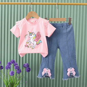 Estivo da <span class=keywords><strong>bambina</strong></span> Casual due pezzi nuovo cartone animato unicorno manica corta Bowknot <span class=keywords><strong>pantaloni</strong></span> lunghi in Denim con tessuto - Product Image 4