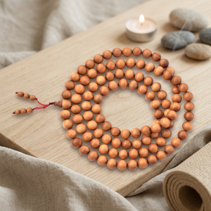 Perles de prière bouddhistes indiennes sculptées en bois de santal, 20 mm, naturelles, brun doré foncé, motif rond, marque Riddhi Siddhi, Rajasthan - Product Image 1