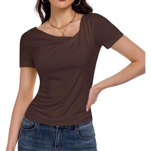 Haut court asymétrique pour femmes, manches courtes, coupe ajustée, chemise basique en polyester et coton, haut en tricot doux pour l'été - Product Image 2