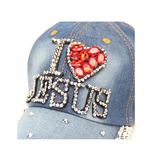Gorra de Béisbol Personalizada 'I <span class=keywords><strong>Love</strong></span> Jesus' con Logotipo de Diseño Privado, Estilo Deportivo en Mezclilla y Pedrería Termoadhesiva, Fabricada al por Mayor - Product Image 3