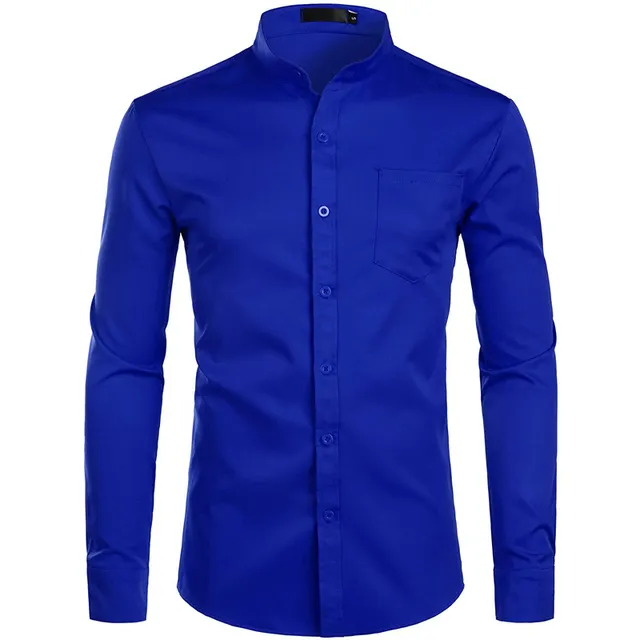 Men's Royal Blue Dress Shirt High Quality And Tie Mandarin Collar Casual Long Sleeved Shirt With Buttons And Pockets