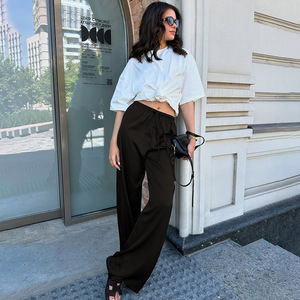 Pantalon évasé en satin pour femme, taille haute, micro-élastique, décontracté, rose - Product Image 2