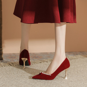 <b>Red</b> Velvet Bridal Pumps Pointed Toe Stiletto <b>Heel</b> With Pearl Bow Decoration High <b>Heel</b> Wedding Shoes For - Product Image 2