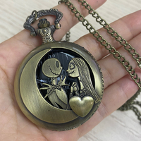 Vintage Bronze Stempunk Métal Pendentif Jack Et Sally Collier Horloge Montre De Poche Avec Chaîne