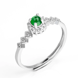 S925 <b>silver</b> <b>ring</b> <b>set</b> with natural A-grade jadeite of yonglv ice type. Fashion men's <b>ring</b>, women's style, adjustable design - Product Image 1