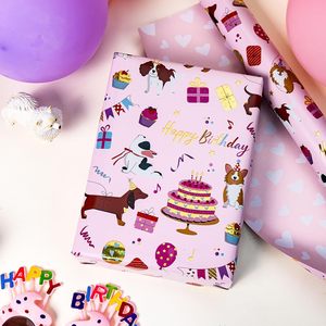 Papier d'emballage d'anniversaire pour chiens, rose, réversible, en feuille métallique, 17 pouces x 16,5 pieds, avec motifs de chiots mignons et ballons, pour emballage cadeau de fête - Product Image 6