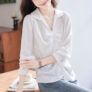 Pink Satin Shirt Women's Top Solid Color Long Sleeve With Folds Everyday Wear Spring Autumn 2025 - Product Image 3