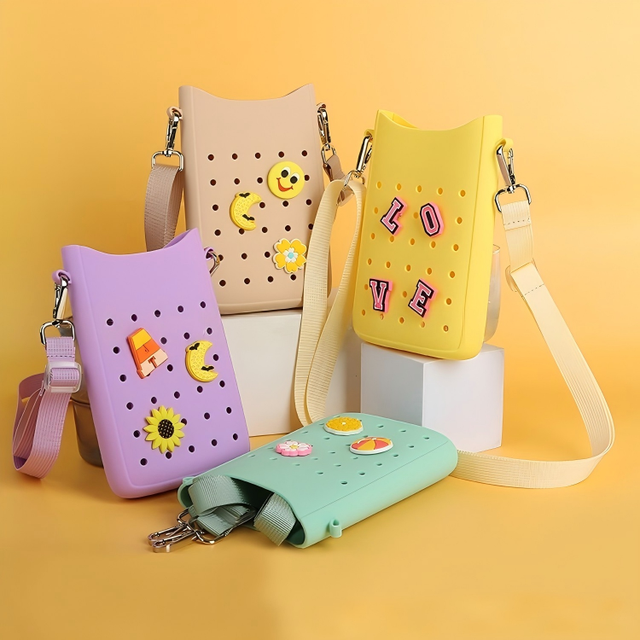 Cute DIY Hole-Design 3D Silicone Beach Bag with Outdoor Shoulder Strap Mobile Phone Cases for iPhone 15 ProMax Crossbody Bag