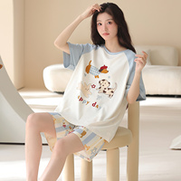Setelan Piyama Wanita Musim Panas Katun Lengan Pendek Celana Pendek Motif Kartun Lucu Longgar Ukuran Besar Dua Potong Baju Tidur Santai