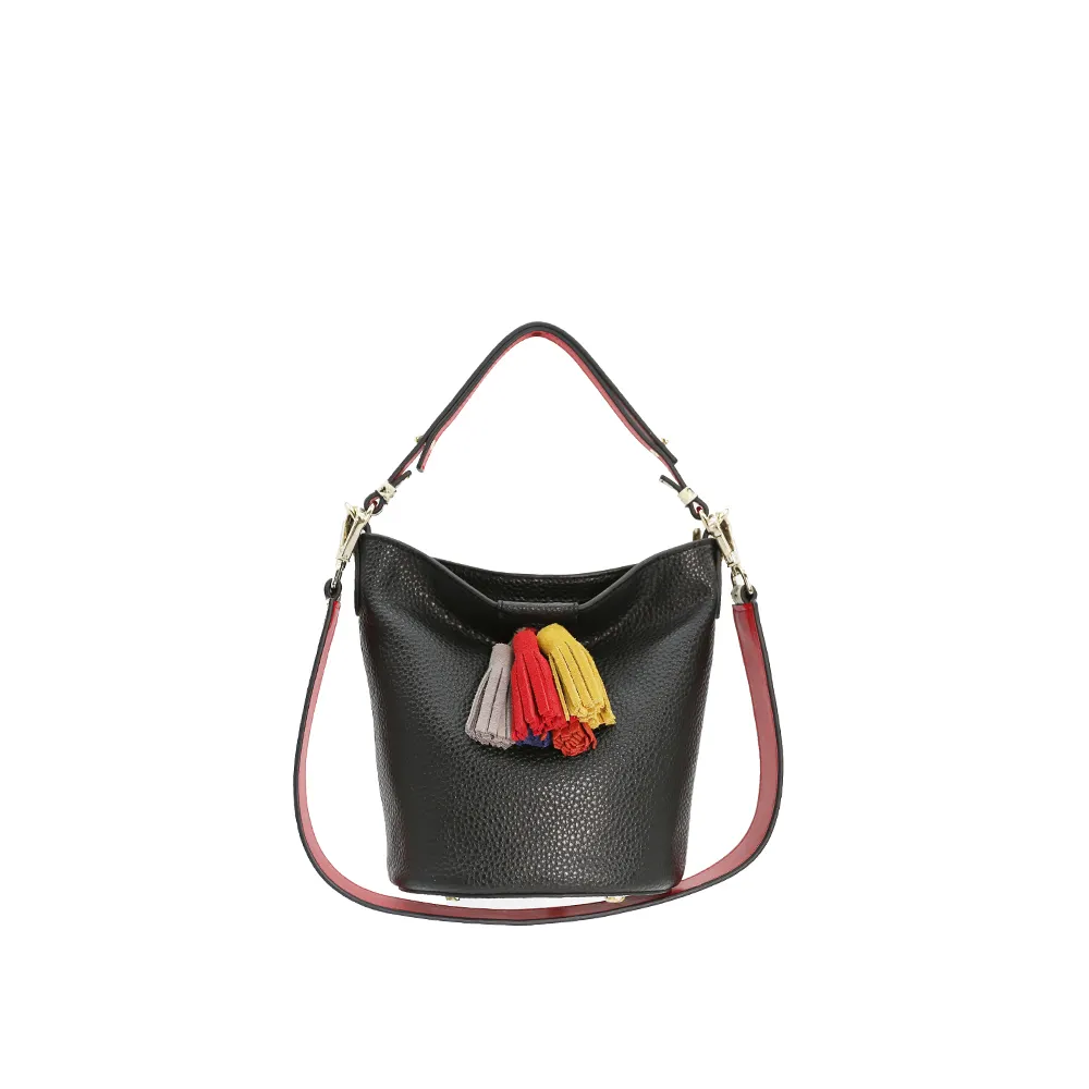 Low price Black fall grain leather bags ladies handbags with tassel decora women's hobo bags