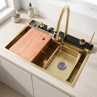Robinet cascade moderne plaqué or nano fait main, évier de cuisine intelligent multifonctionnel en acier inoxydable à cuve unique, garantie 2 ans