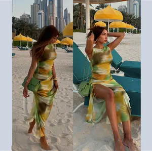 Summer Latest High Quality Sleeveless Tank Top Tie Dyed Print Ruched Slit Long Maxi Dress Beach Street Wear