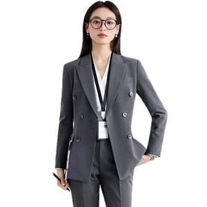Women's Suit Set Double Breasted Jacket Pants Formal Office Wear Spring Autumn Anti-Wrinkle Worsted Full Sleeve Notched Collar - Product Image 5