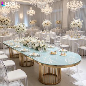 LEDA Fournitures modernes pour événements et fêtes, table ovale ronde en acier inoxydable doré, table longue en verre trempé pour hôtels et mariages - Product Image 1