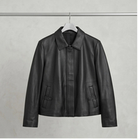 Veste en cuir noir, manteau court pour femme à col rabattu avec design minimaliste