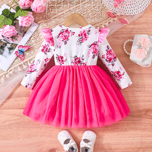 Exquisito Vestido de Malla con Lazo para Bebés Niñas, Manga Larga con Volantes y Patrón Floral en el Hombro, Vestido Diario Tejido para Niñas Pequeñas - Product Image 6
