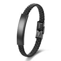 Bracelet pour homme en cuir noir avec gravure, en cuir de vachette et acier inoxydable, design tressé simple, fait main, multi-couches