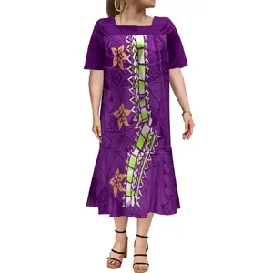 2024 Latest Design Puff Sleeve Micronesia Mumu Dress Customized Vintage Square Neck Ladies Dresses Polynesian Mermaid Midi Dress