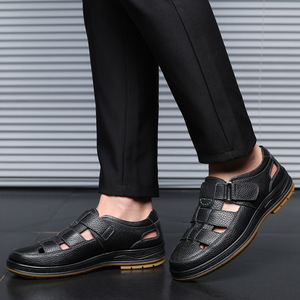 Sandales à brides croisées en cuir de vachette première couche, bout ouvert, semelle extérieure en caoutchouc, respirantes, chaussures décontractées d'été pour hommes - Product Image 4