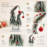 Mini sapin de Noël courbé floqué avec boules rouges et baies, décoration de bureau pour les fêtes, accent décoratif pour la maison effet neige
