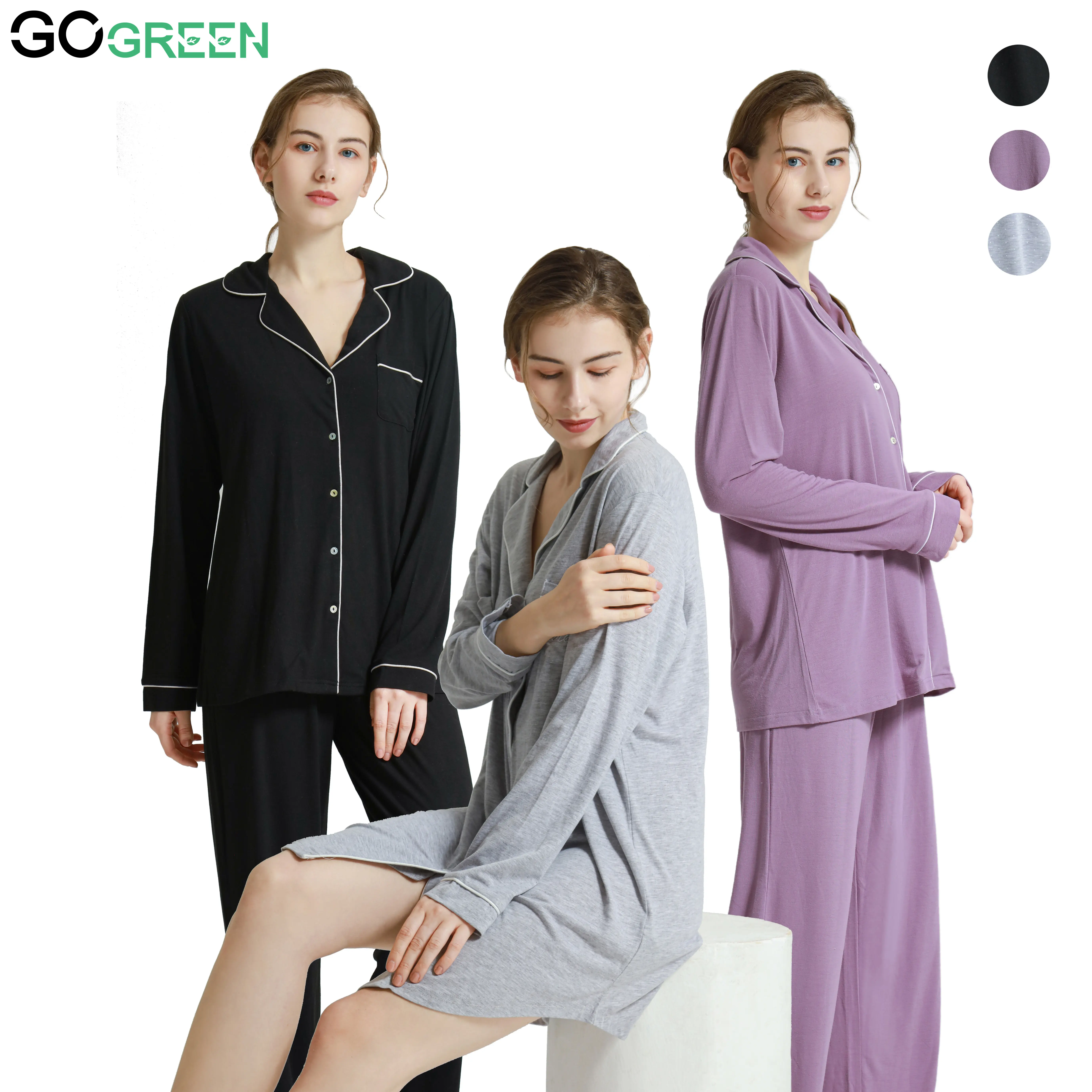 Wholesale OEM Long Sleeve Shirt Bamboo Pajama Soft polyester Nightwear Loungewear Classic Women Sleepwear Set