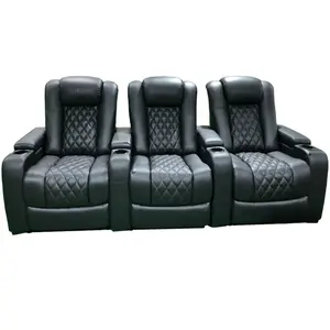 Canapé en cuir nappa noir, sièges de home cinéma modernes avec lit et port de charge USB, meubles de cinéma populaires