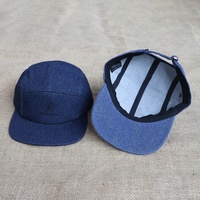 Casquette 5 panneaux en jean bleu vintage de haute qualité avec logo tissé personnalisé, style sport décontracté, visière plate, pour hommes