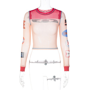 เสื้อยืดคอกลมแขนยาวพิมพ์ลายตาข่ายเซ็กซี่สไตล์สตรีทแฟชั่นสำหรับผู้หญิง - Product Image 3