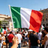 Drapeau à main promotionnel personnalisé en polyester 21x14cm avec mât en plastique, petit drapeau italien à main, vente chaude