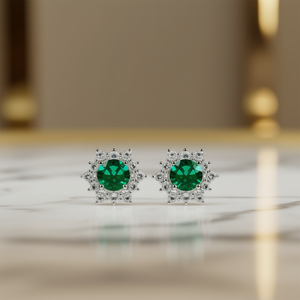 Orecchini a Perno con Fiore in Oro Bianco, Zirconi Verdi e Pietre Trasparenti Taglio Brillante Rotondo per Donna, Stile Classico da Festa - Product Image 2