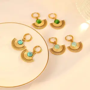 Dainty Fashion Non Tarnish Jewelry 18K Gold Plated Natural Turquoise Stainless SteelHoop Stud Earrings for Girls