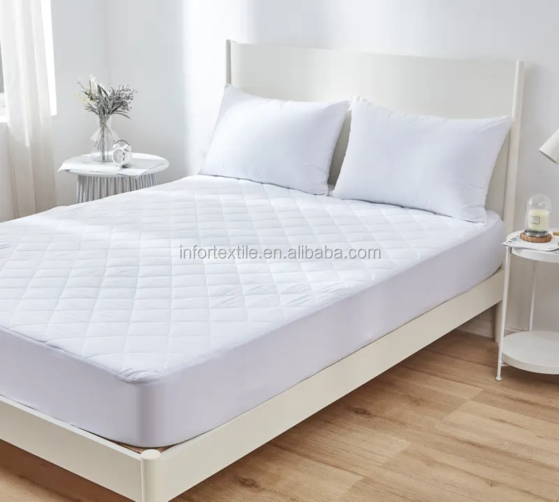 White Color Soft Home Use Poly Cotton Quilted Mattress Pad Protector Hotel Mattress Cover Protector Pad Hypoallergenic