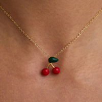 Collier unisexe en acier inoxydable plaqué or avec chaîne à maillons trombone, breloques DIY rubis, perles et cerise en émail rouge, pour anniversaire