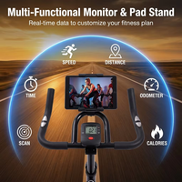 Vélo de spinning avec résistance à courroie réglable, manivelle en fonte, écran LCD pour calories, temps et distance, et support tablette
