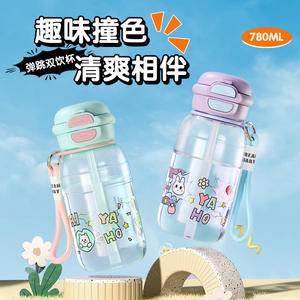 Botella de agua de plástico Tiannuo de 600 ml con doble pajita, libre de BPA, portátil para la escuela y uso diario. - Product Image 4