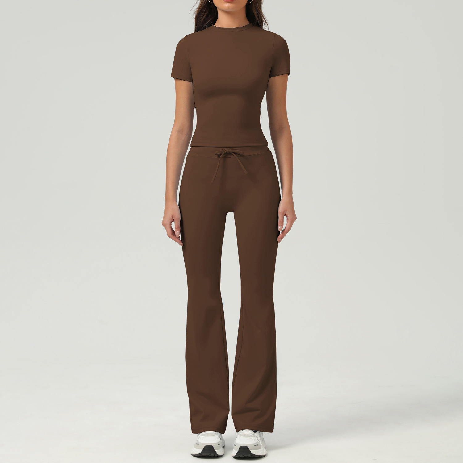 เสื้อยืดแขนสั้นลายกาแฟ + กางเกงเลกกิ้งขาบาน