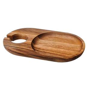 Assiette ovale en bois d'acacia massif poli, écologique, pour steak avec support pour verre à vin, porte-fruits, style américain, décoration - Product Image 1