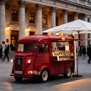 Remolque de Comida Móvil Eléctrico Citroën Retro Vintage con Mostrador Refrigerador Eléctrico Comercial para Postres, Ideal para Salas de Ópera - Product Image 1