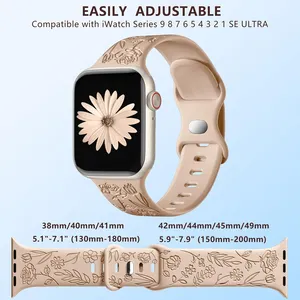 New Soft 38/40/41mm Floral Engraved Watch Strap Silicone Women Luxury Watch Bands For Apple Watch Utra 49mm Series 9